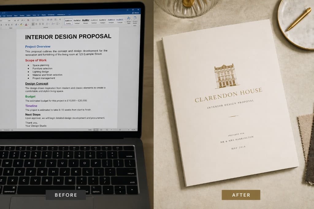 Before-and-after: a basic interior design proposal on a laptop beside a gold-foil branded physical proposal for Clarendon House on marble with swatches — your brand centre stage.