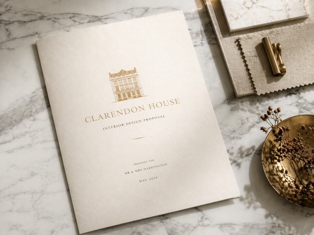 A printed interior design proposal and fabric swatches on a surface — professional PDFs ready to present in person.