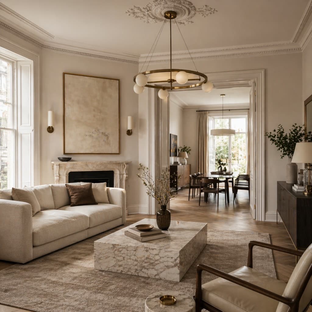 Luxury open-plan living and dining space with a cream sofa, marble coffee table, and classical details — sample project imagery for the Harlow Residence proposal.